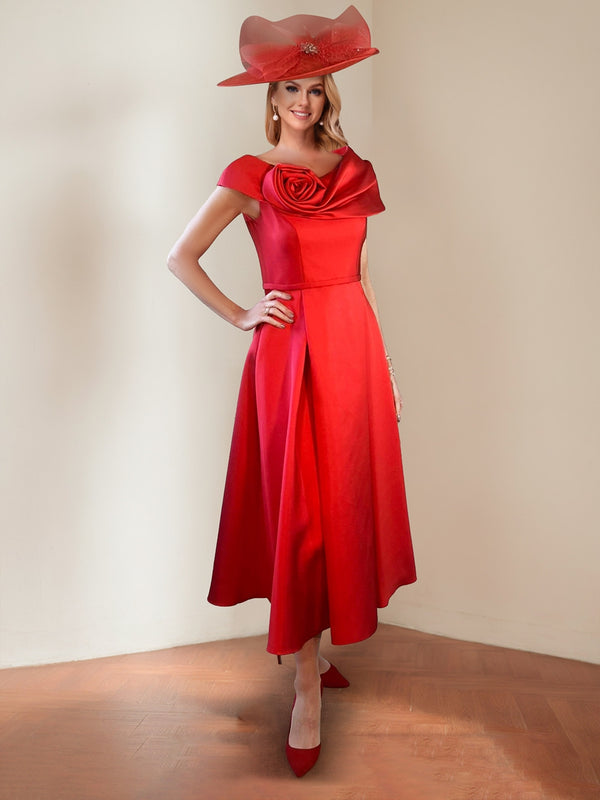 A-Line/Princess Scoop Neck Cap Sleeves Midi Dress Mother of the Bride Dresses with Floral