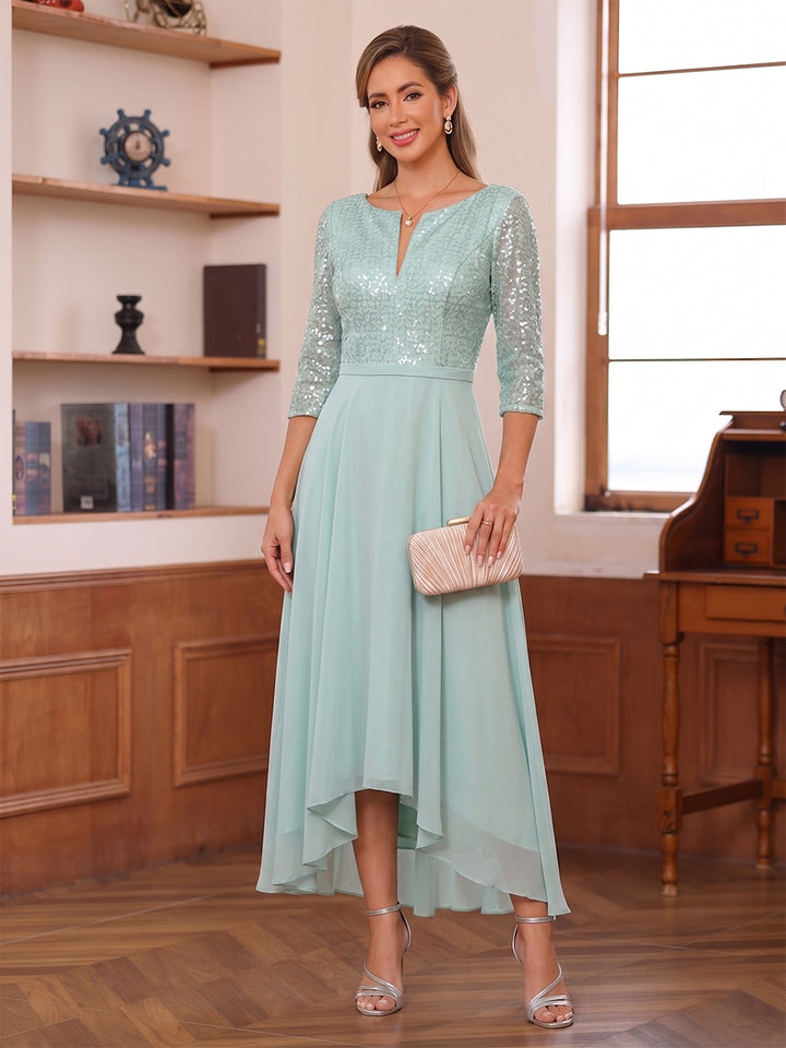 A-Line/Princess Illusion V-Neck 3/4 Sleeves Asymmetrical Mother of the Bride Dresses With Sequins