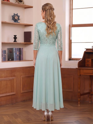 A-Line/Princess Illusion V-Neck 3/4 Sleeves Asymmetrical Mother of the Bride Dresses With Sequins