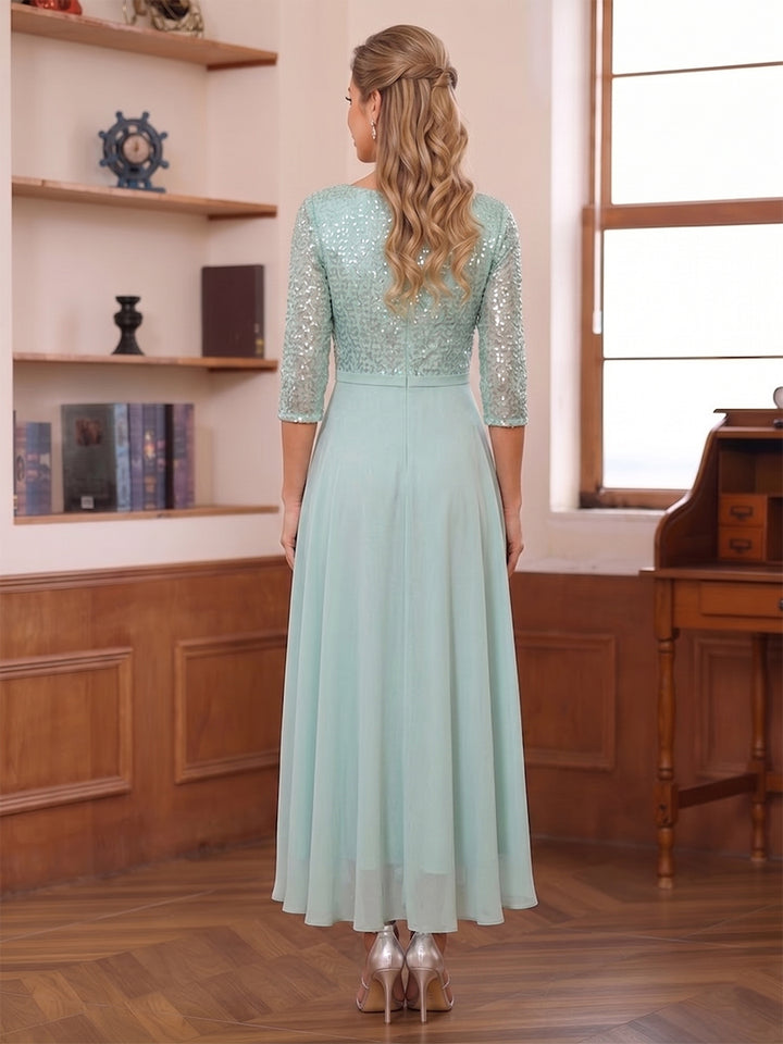 A-Line/Princess Illusion V-Neck 3/4 Sleeves Asymmetrical Mother of the Bride Dresses With Sequins