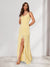 Sheath/Column Spaghetti Straps Sleeveless Long Bridesmaid Dresses with Ruffles & Split Side