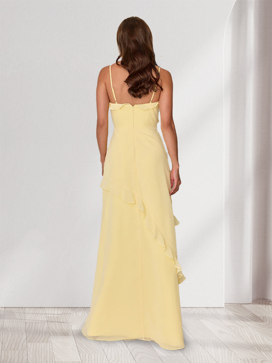 Sheath/Column Spaghetti Straps Sleeveless Long Bridesmaid Dresses with Ruffles &amp; Split Side