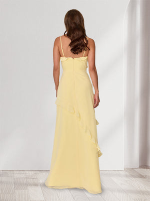 Sheath/Column Spaghetti Straps Sleeveless Long Bridesmaid Dresses with Ruffles & Split Side
