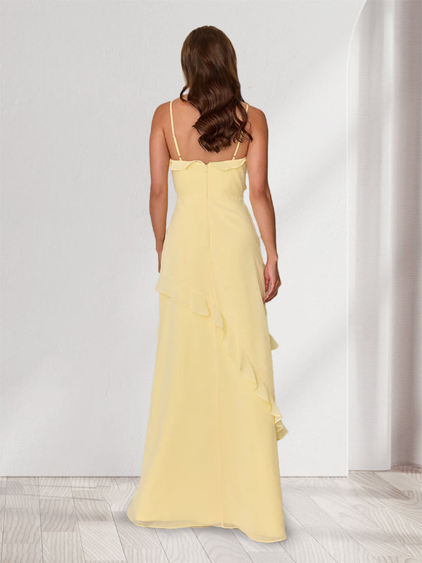Sheath/Column Spaghetti Straps Sleeveless Long Bridesmaid Dresses with Ruffles & Split Side