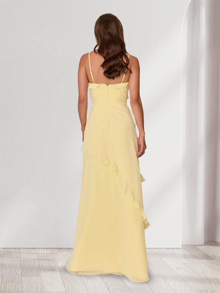 Sheath/Column Spaghetti Straps Sleeveless Long Bridesmaid Dresses with Ruffles &amp; Split Side