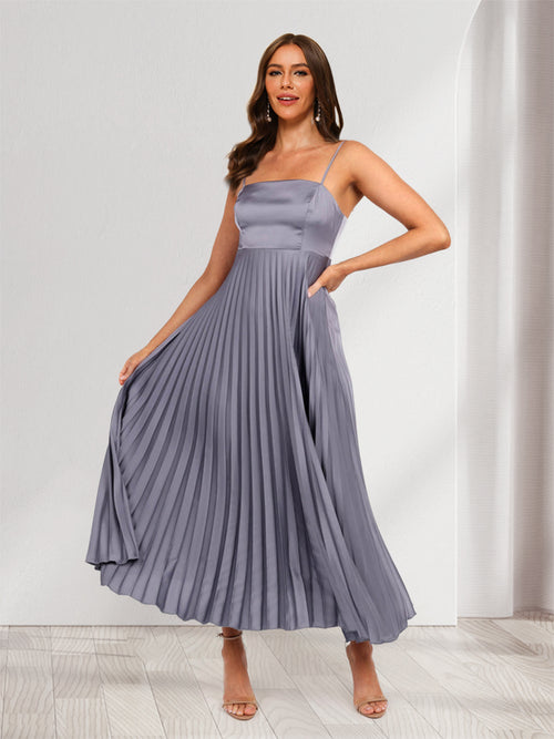 A-Line/Princess Spaghetti Straps Tea-Length Pleated Wedding Guest Dresses