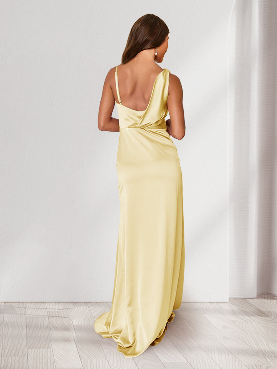 Sheath/Column Asymmetrical Neck Long Ruched Bridesmaid Dresses with Split Side