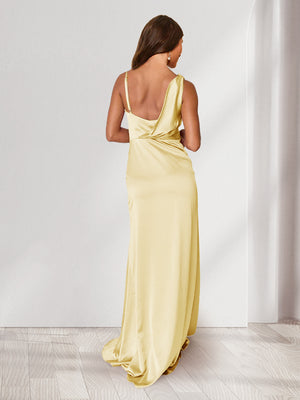 Sheath/Column Asymmetrical Neck Long Ruched Bridesmaid Dresses with Split Side