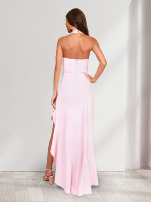 Sheath/Column Halter Sleeveless Sexy Asymmetrical Bridesmaid Dresses with Ruffles