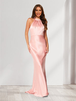 Sheath/Column Halter Sleeveless Ruched Bridesmaid Dresses with Bow(s) & Buttons