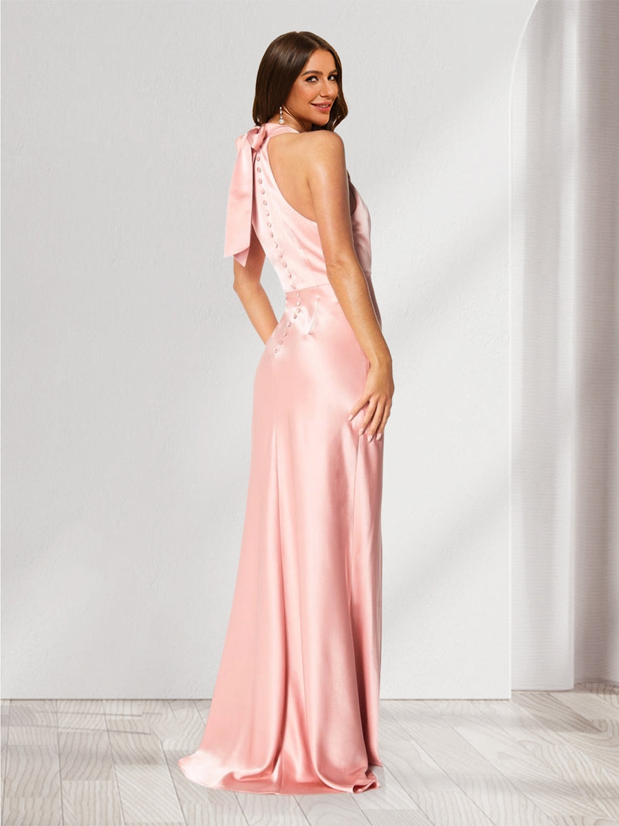 Sheath/Column Halter Sleeveless Ruched Bridesmaid Dresses with Bow(s) &amp; Buttons