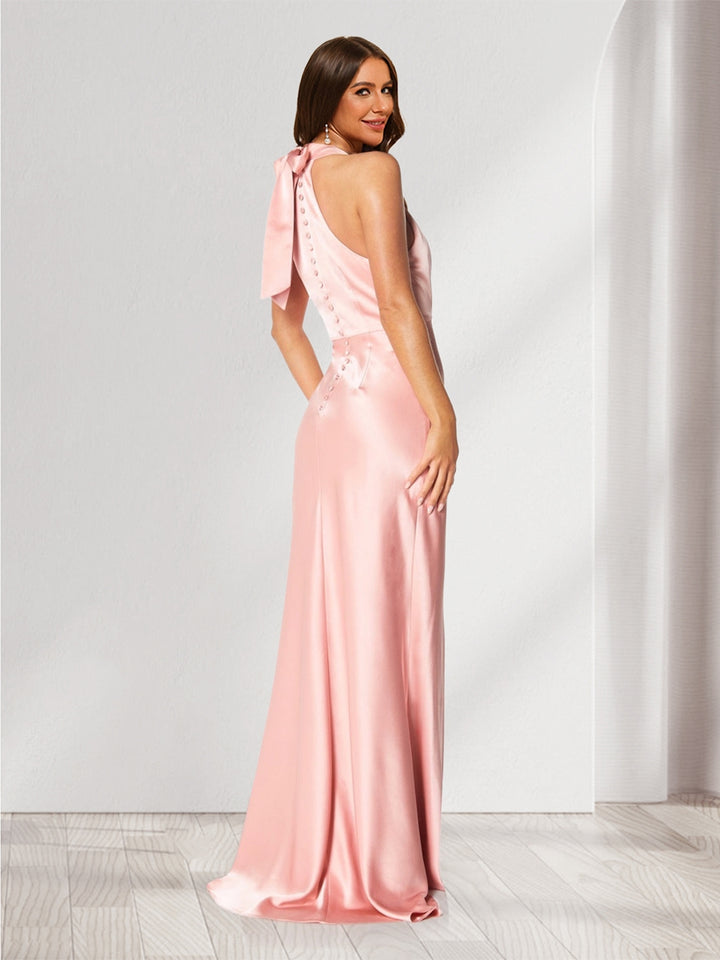 Sheath/Column Halter Sleeveless Ruched Bridesmaid Dresses with Bow(s) &amp; Buttons