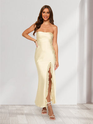 Sheath/Column Strapless Sleeveless Bridesmaid Dresses with Split Side & Ruffles