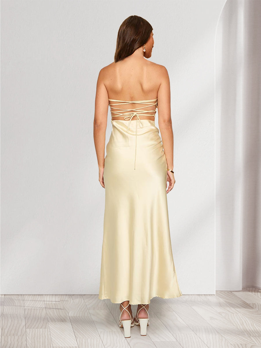 Sheath/Column Strapless Sleeveless Bridesmaid Dresses with Split Side & Ruffles