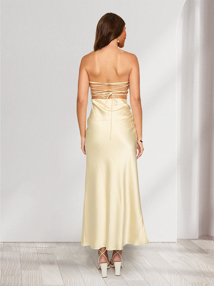 Sheath/Column Strapless Sleeveless Bridesmaid Dresses with Split Side &amp; Ruffles