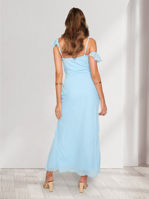 Sheath/Column Asymmetrical Neck Bridesmaid Dresses with Side Slit & Ruffles