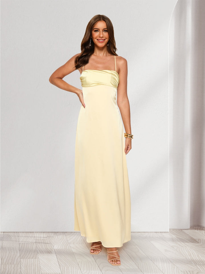 A-Line/Princess Spaghetti Straps Long Bridesmaid Dresses with Ruches &amp; Lace-Up