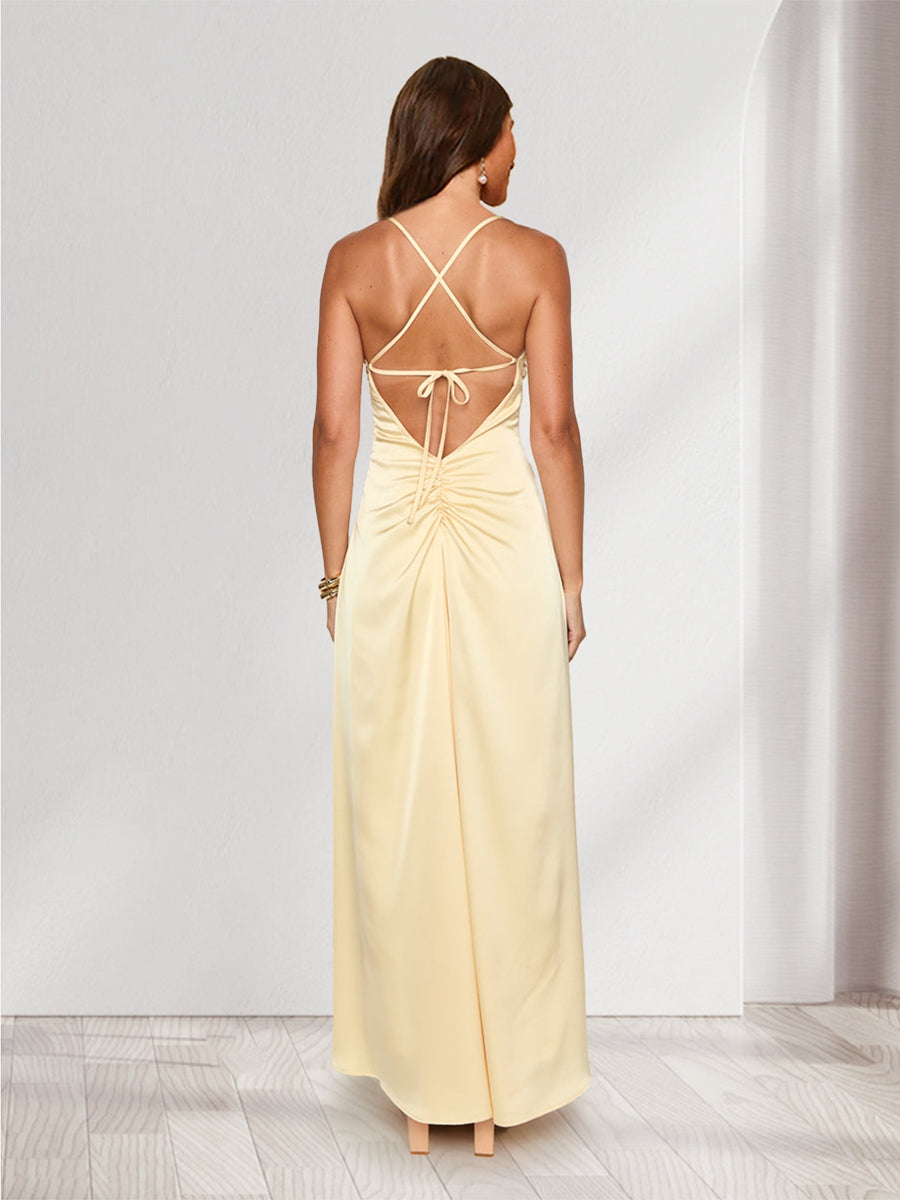 A-Line/Princess Spaghetti Straps Long Bridesmaid Dresses with Ruches &amp; Lace-Up