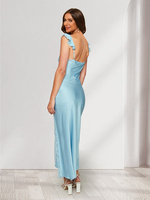 Sheath/Column V-Neck Ruched Bridesmaid Dresses with Split Side & Lace