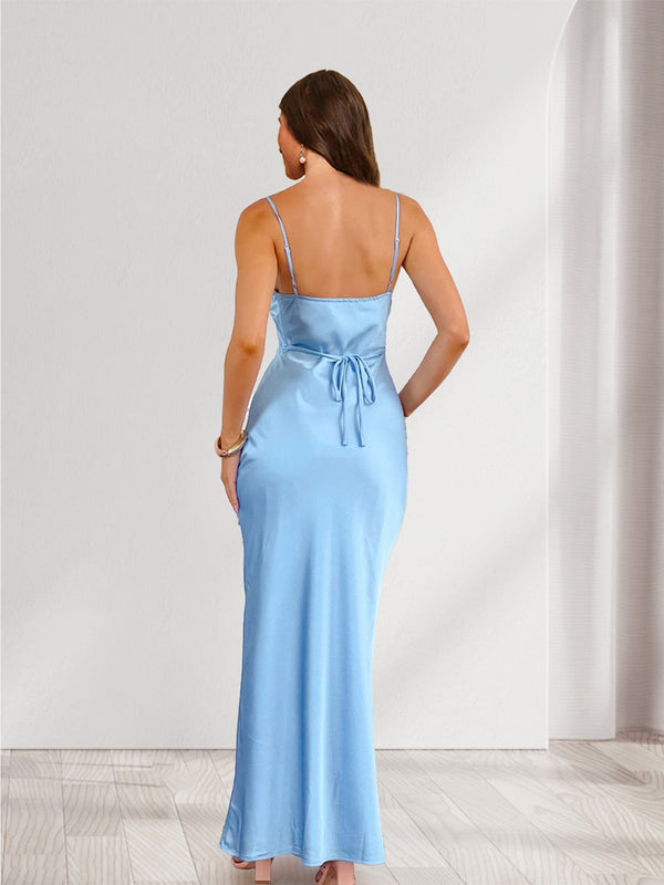 Sheath/Column Spaghetti Straps Ruched Bridesmaid Dresses with Knot & Lace-Up
