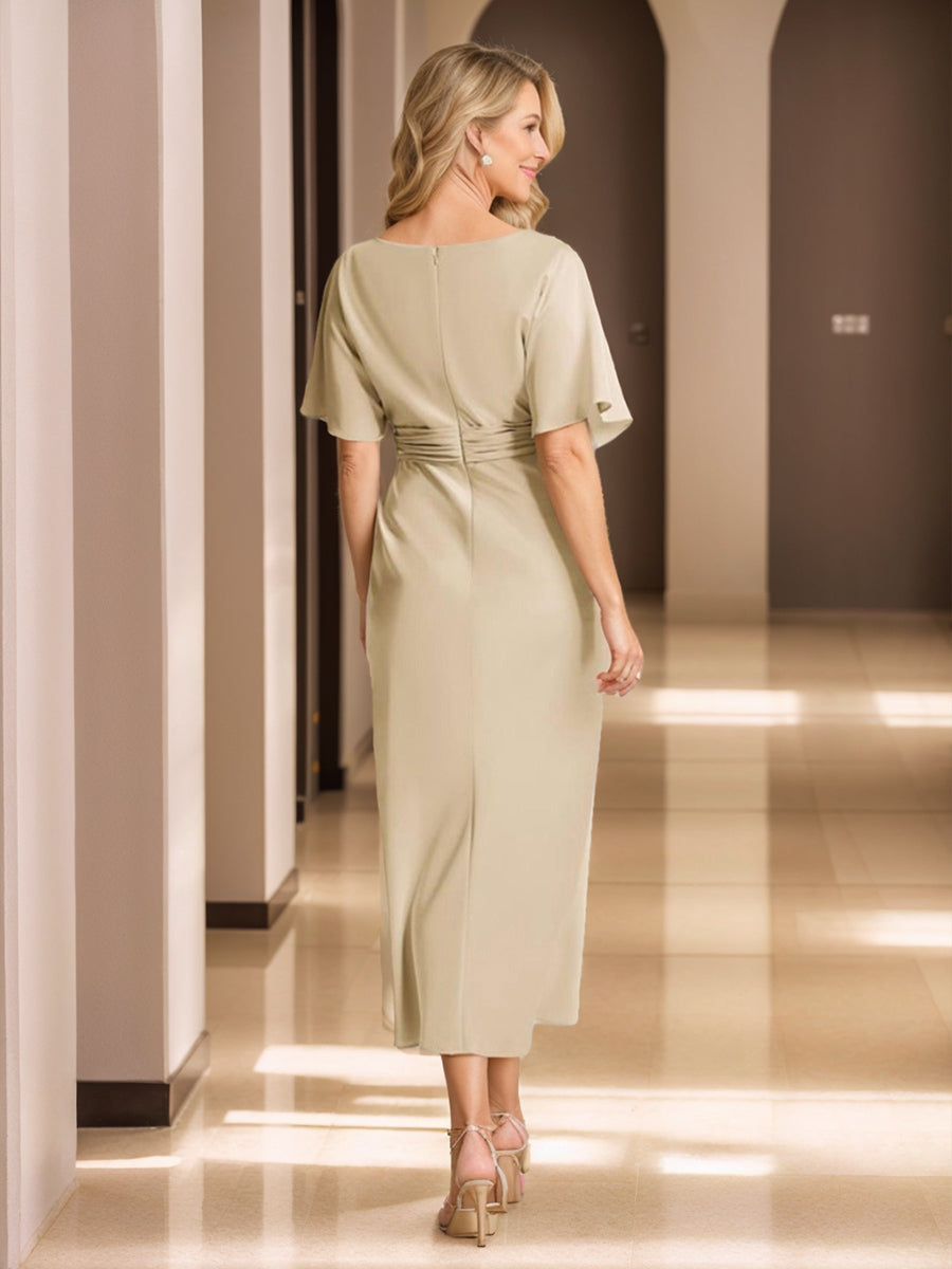 Sheath/Column Boat Neck Short Sleeves Wedding Guest Dresses with Sash