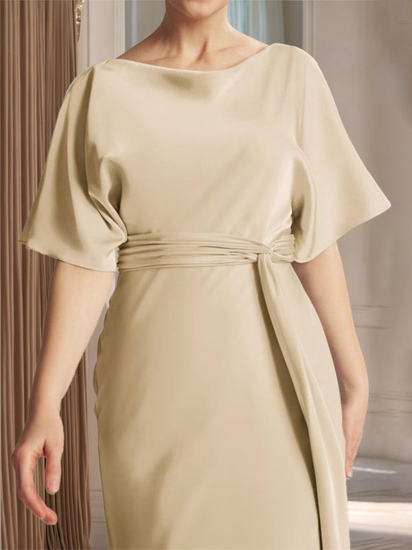 Sheath/Column Boat Neck Short Sleeves Wedding Guest Dresses with Sash