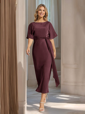 Sheath/Column Boat Neck Short Sleeves Wedding Guest Dresses with Sash