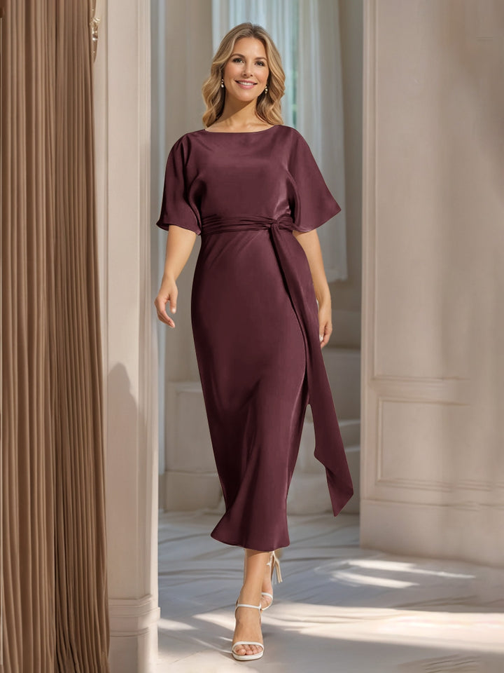 Sheath/Column Boat Neck Short Sleeves Wedding Guest Dresses with Sash