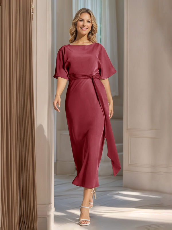 Sheath/Column Boat Neck Short Sleeves Wedding Guest Dresses with Sash