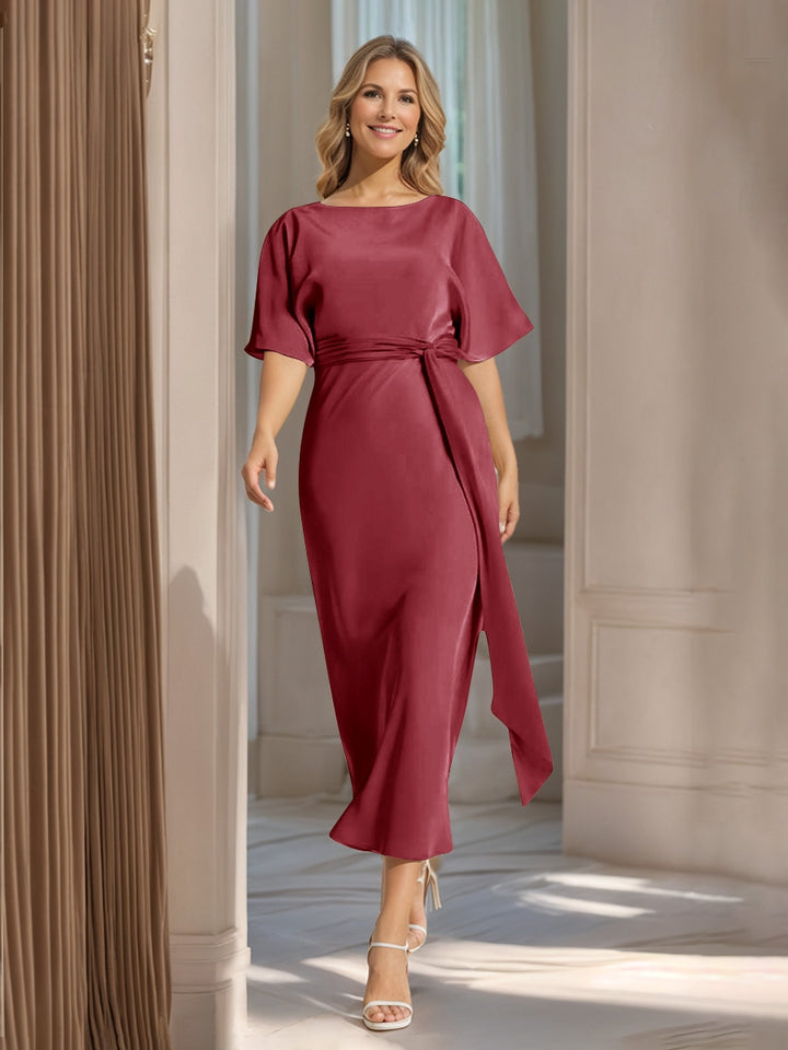 Sheath/Column Boat Neck Short Sleeves Wedding Guest Dresses with Sash