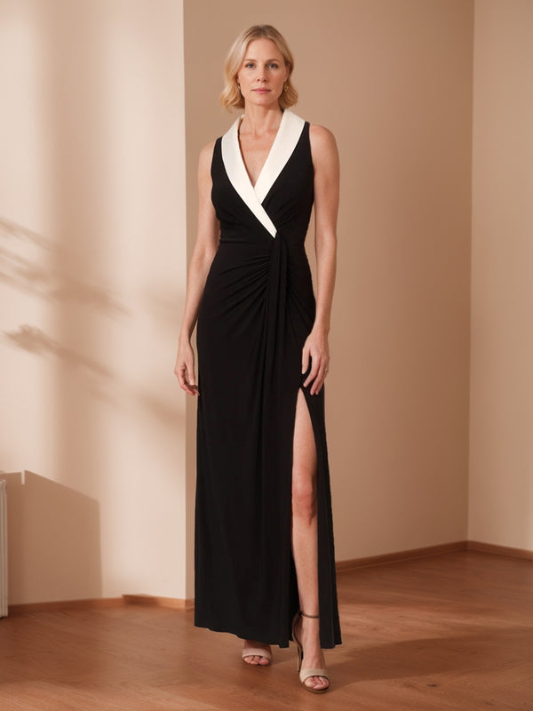 Sheath/Column V-Neck Sleeveless Long Mother of the Bride Dresses with Split Side