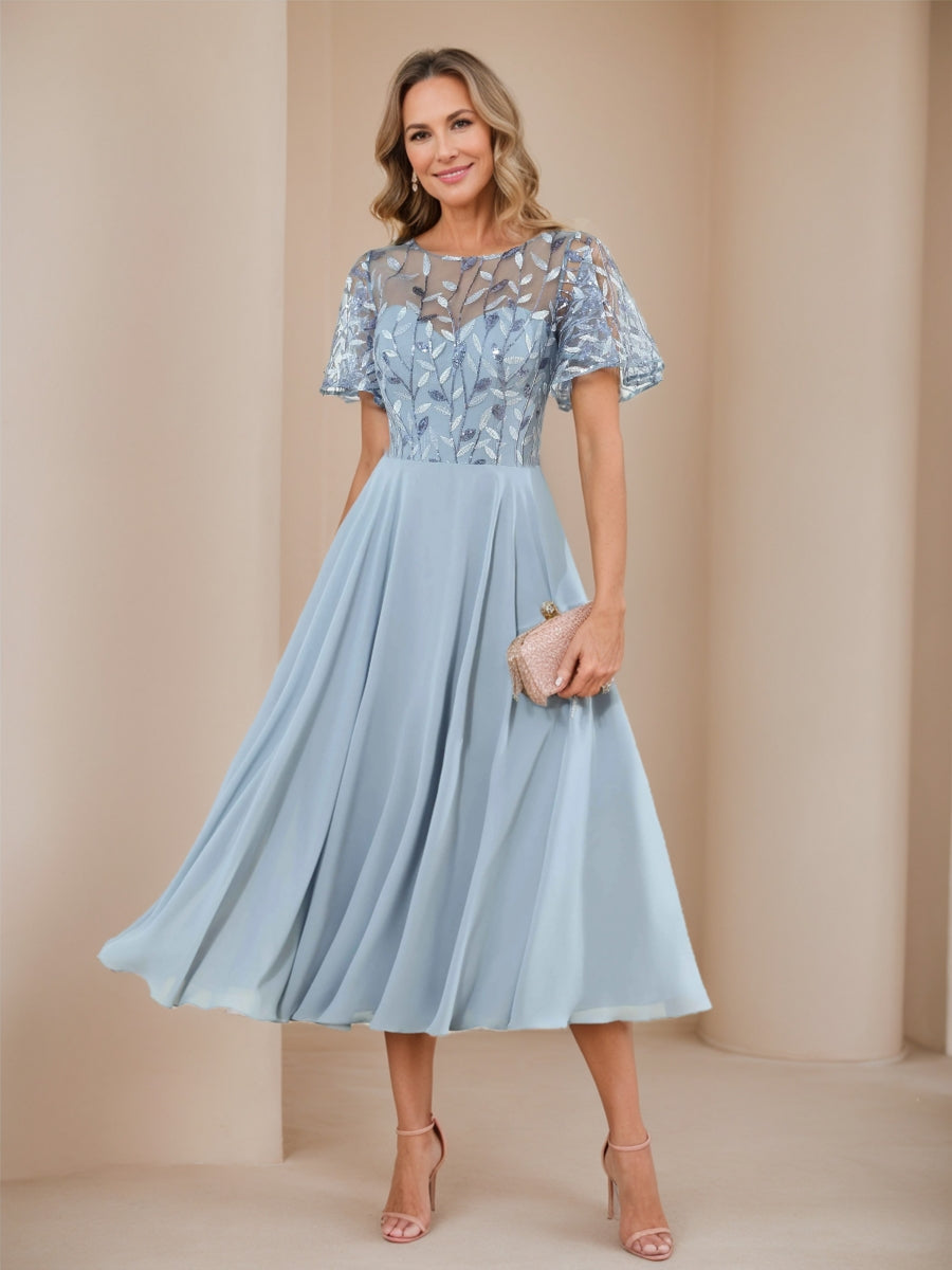 A-Line/Princess Illusion Crew Neck Sequin Appliques Wedding Guest Dresses