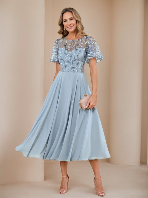 A-Line/Princess Illusion Crew Neck Sequin Appliques Wedding Guest Dresses