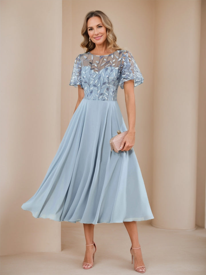 A-Line/Princess Illusion Crew Neck Sequin Appliques Wedding Guest Dresses