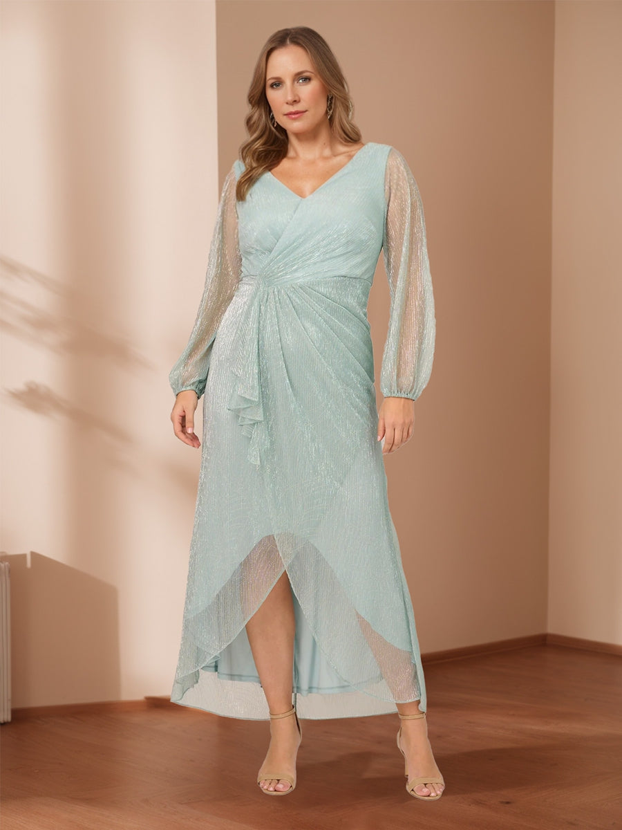 Sheath/Column V-Neck Crinkle Metallic Plus Size Wedding Guest Dresses with Illusion Sleeves