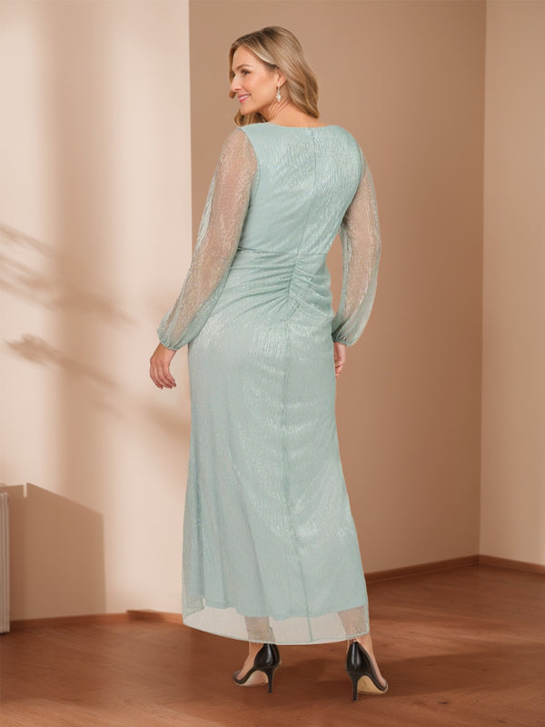 Sheath/Column V-Neck Crinkle Metallic Plus Size Wedding Guest Dresses with Illusion Sleeves