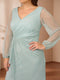 Sheath/Column V-Neck Crinkle Metallic Plus Size Wedding Guest Dresses with Illusion Sleeves