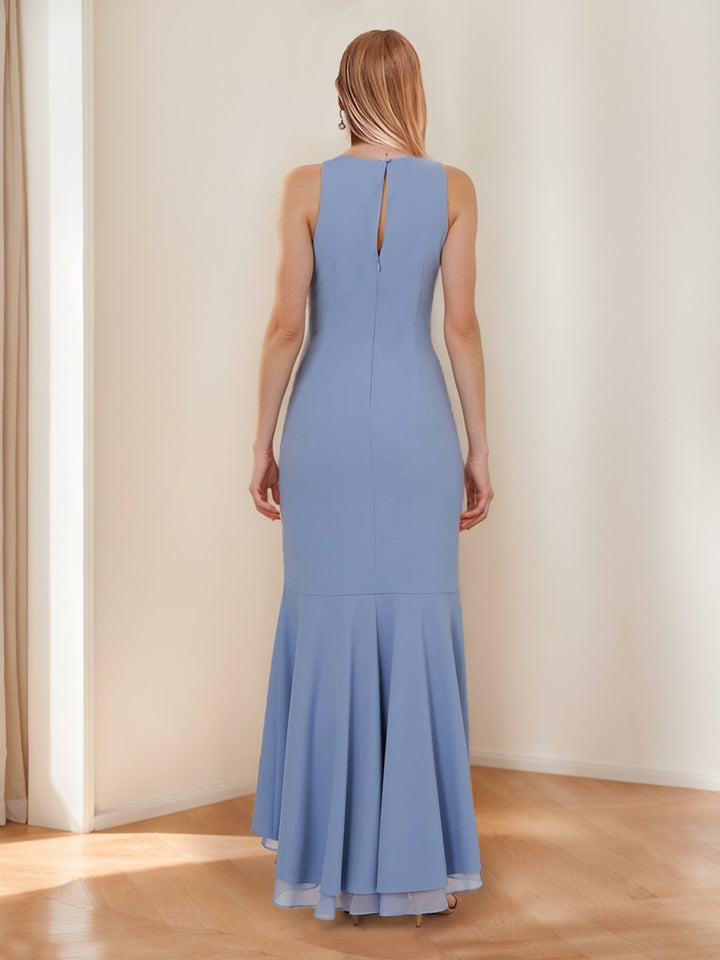Trumpet/Mermaid Crew Neck High Low Ruched Mother of the Bride Dresses with Ruffles
