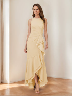 Trumpet/Mermaid Crew Neck High Low Ruched Mother of the Bride Dresses with Ruffles