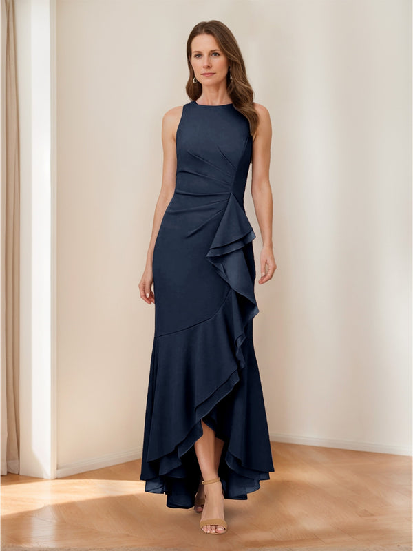 Trumpet/Mermaid Crew Neck High Low Ruched Mother of the Bride Dresses with Ruffles