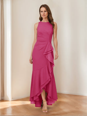 Trumpet/Mermaid Crew Neck High Low Ruched Mother of the Bride Dresses with Ruffles