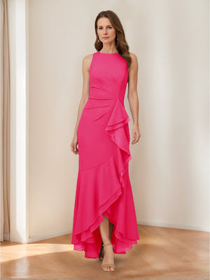 Trumpet/Mermaid Crew Neck High Low Ruched Mother of the Bride Dresses with Ruffles