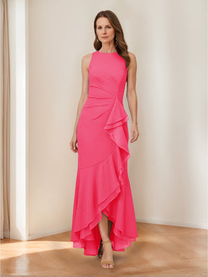 Trumpet/Mermaid Crew Neck High Low Ruched Mother of the Bride Dresses with Ruffles