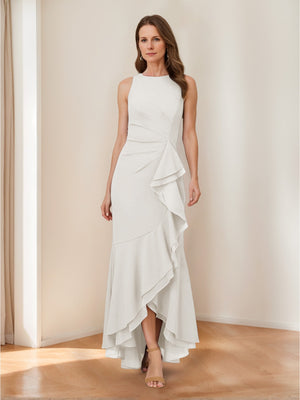 Trumpet/Mermaid Crew Neck High Low Ruched Mother of the Bride Dresses with Ruffles