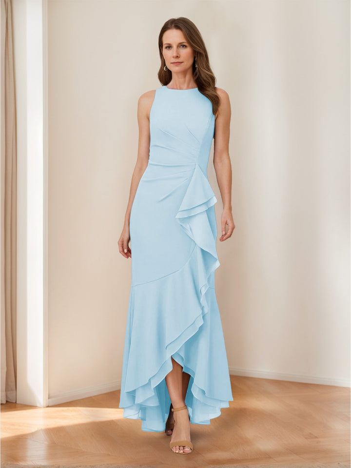 Trumpet/Mermaid Crew Neck High Low Ruched Mother of the Bride Dresses with Ruffles