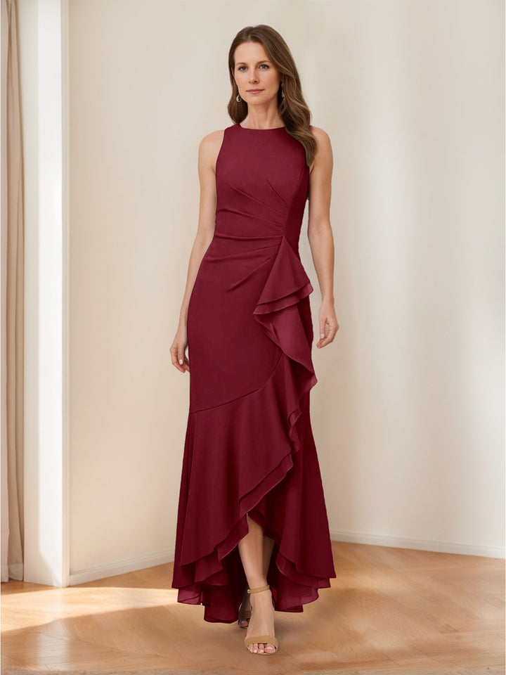 Trumpet/Mermaid Crew Neck High Low Ruched Mother of the Bride Dresses with Ruffles