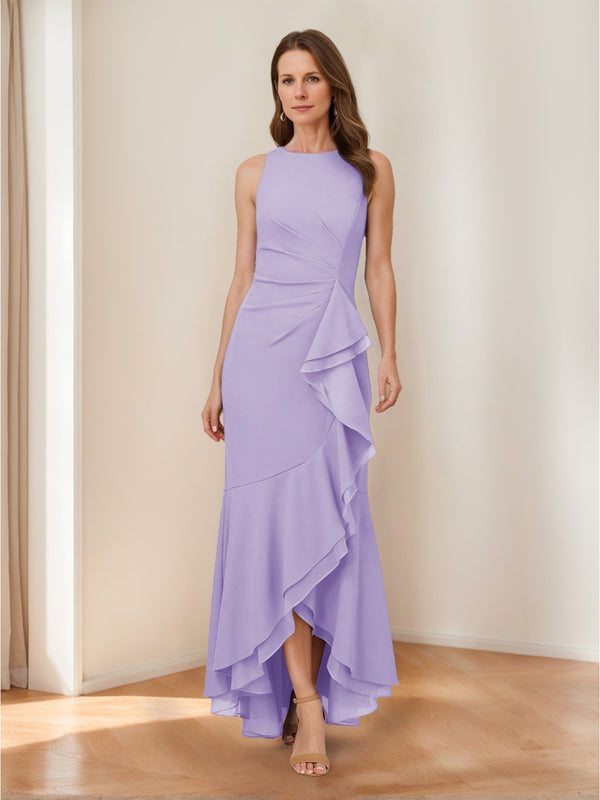 Trumpet/Mermaid Crew Neck High Low Ruched Mother of the Bride Dresses with Ruffles