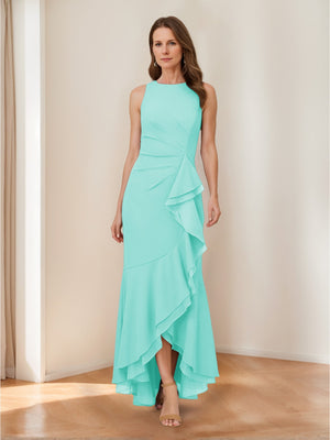 Trumpet/Mermaid Crew Neck High Low Ruched Mother of the Bride Dresses with Ruffles