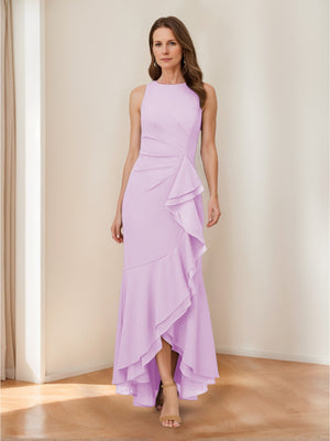 Trumpet/Mermaid Crew Neck High Low Ruched Mother of the Bride Dresses with Ruffles