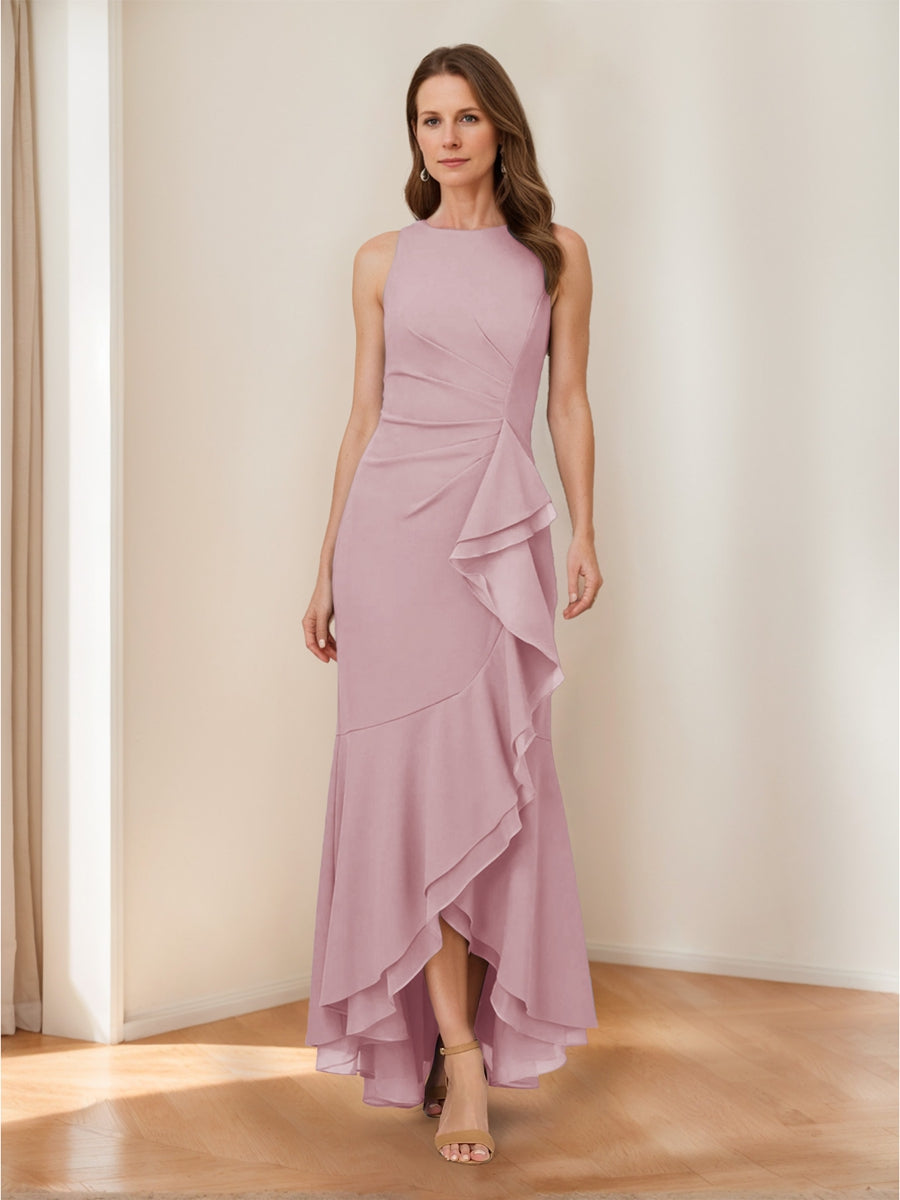 Trumpet/Mermaid Crew Neck High Low Ruched Mother of the Bride Dresses with Ruffles